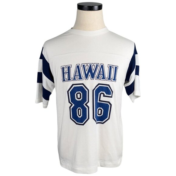 Vintage Liki Liki Hawaii 86 T-Shirt Medium White & Navy Striped Sleeves 90's - Picture 2 of 7